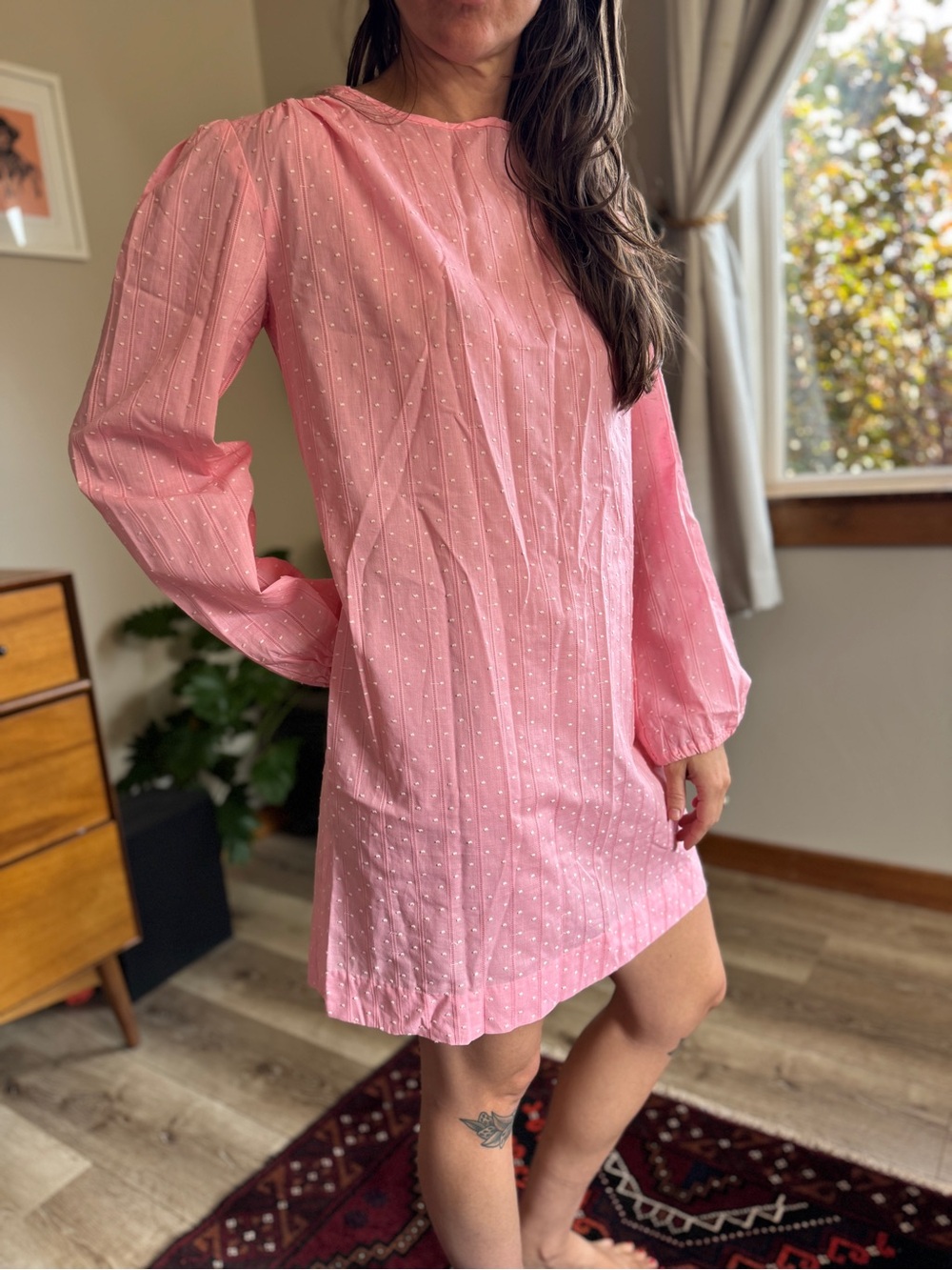 Vintage 70s Handmade Pink Swiss Dot Babydoll Mini Dress